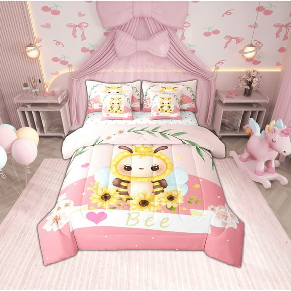 Erosebridal Cute Bee Bed in a Bag Full Size, Kawaii Animal Bed Set, Super Cozy Bed Sheets Setp with Comforter, Pink Bedroom Decor, Reversible 7 Pieces