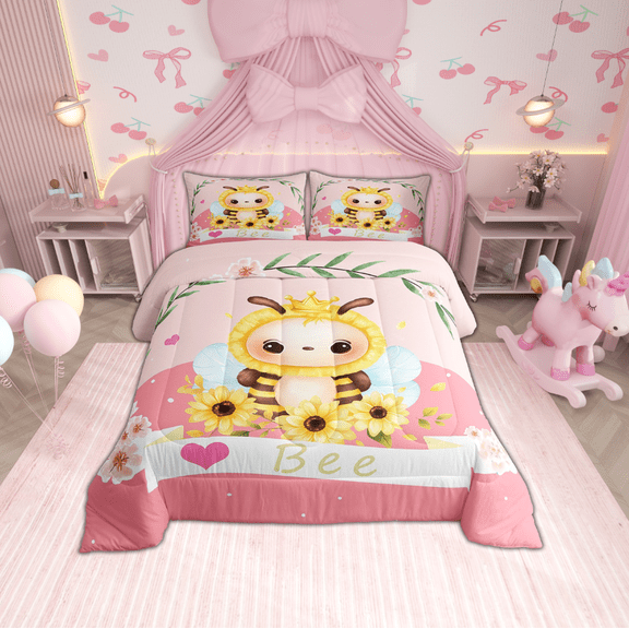 Erosebridal Cute Bee Bedding Twin Comforter Set, Kawaii Animal Down Comforter, Super Cozy Bedding Sets Twin with Comforter, Pink Bedroom Decor, 2 Pieces