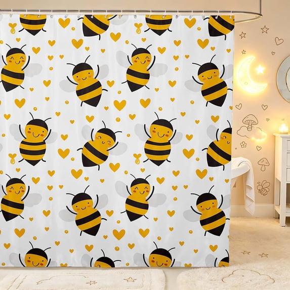 Erosebridal Cute Bee Shower Curtain 72Wx72L,Lovely Heart Print Bathroom Curtain,White Black