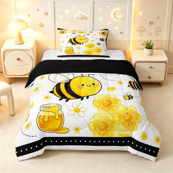 Erosebridal Cute Bee Twin Comforter Sets,Kawaii Daisy Floral Bedding Set,White Silver,Black Reversible,2 Pieces,1 Comforter and 1 Pillowcase
