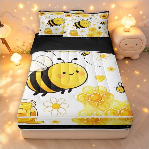Erosebridal Cute Bee Zipper Full Size Comforter Sets with Fitted Sheet and 2 Pillowcases,Kawaii Daisy Floral Zipper Bedding Set,White Silver,Black Reversible,4pcs