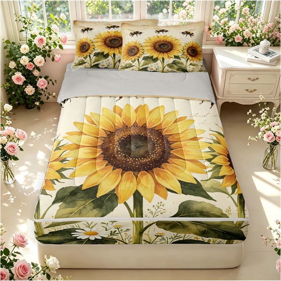 Erosebridal Cute Bee Zipper Twin Comforter Sets with Fitted Sheet and 2 Pillowcases,Dreamy Sunflower Floral Zipper Bedding Set,Beige Yellow,Light Gray Reversible,4pcs