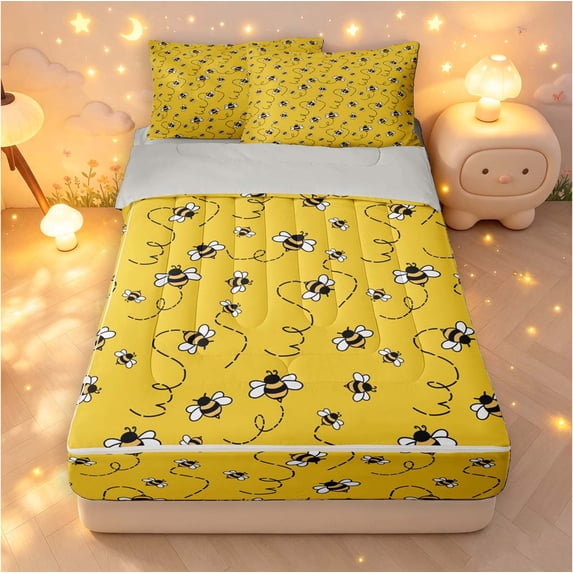 Erosebridal Cute Bee Zipper Twin Comforter Sets with Fitted Sheet and 2 Pillowcases,Nature Wildlife Themed Zipper Bedding Set,Yellow Black,Light Gray Reversible,4pcs