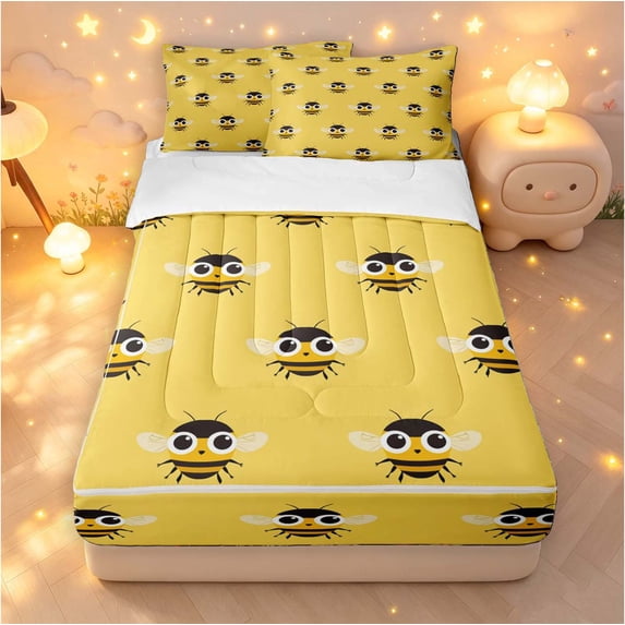 Erosebridal Cute Bee Zipper Twin Comforter Sets with Fitted Sheet and 2 Pillowcases,Cartoon Wildlife Theme Zipper Bedding Set,Yellow Black,4pcs