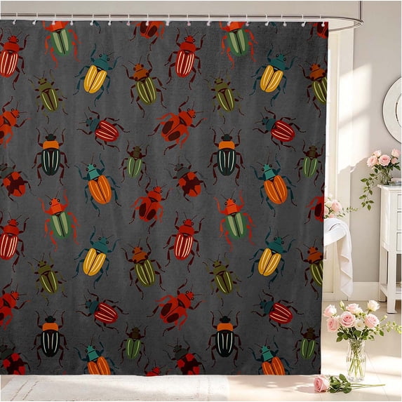Erosebridal Cute Beetles Shower Curtain 72Wx84L,Dreamy Nature Wildlife Theme Bathroom Shower Curtain,Gray Red