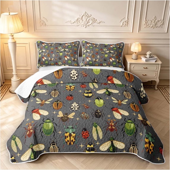 Erosebridal Cute Beetles Twin Quilt Set,Dreamy Bug Theme Twin Coverlet Set,Gray Green,2 Pieces,1 Bedspread and 1 Pillowcase