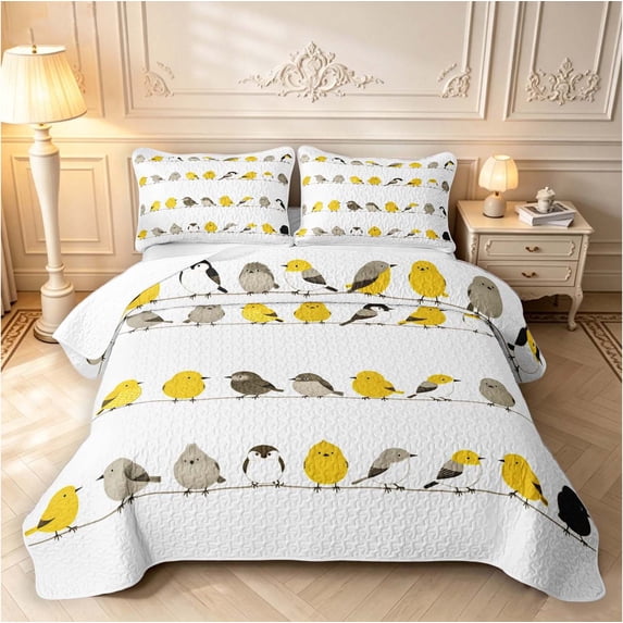 Erosebridal Cute Bird Animals Quilt Full,Cartoon Wildlife Full Bedspread Sets,White Yellow,3pcs,1 Coverlet and 2 Pillowcases