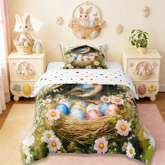 Erosebridal Cute Birds Flower Twin Comforter Sets,Happy Easter Colorful Easter Eggs Bedding Set For Kids Reversible 2-Piece