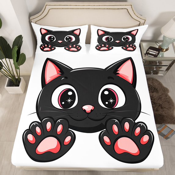 Erosebridal Cute Black Cat Bed Sheets Cute Cat Fitted Sheet Cartoon Kitten Bedding Set Pet Animal Sheets Set with 1 Pillowcase 2Pcs Bedding Twin(No Top Sheet)