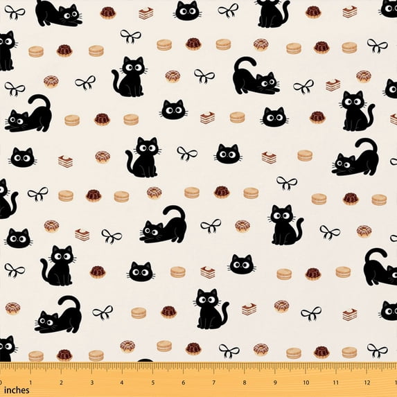 Erosebridal Cute Black Cat Fabric by the Yard 1 Yard, Macaron Dessert Bow Home Decor Fabric by the Yard