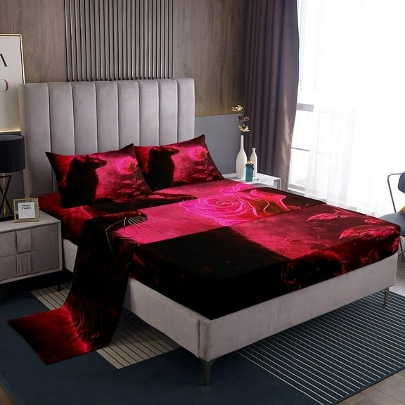Erosebridal Cute Black Cat Queen Sheet Set,Romantic Red Rose Bed Sheets Set for Teens Women,Mysterious Rose Floral Print Sheets,3D Black Cat Flat Fitted Sheet