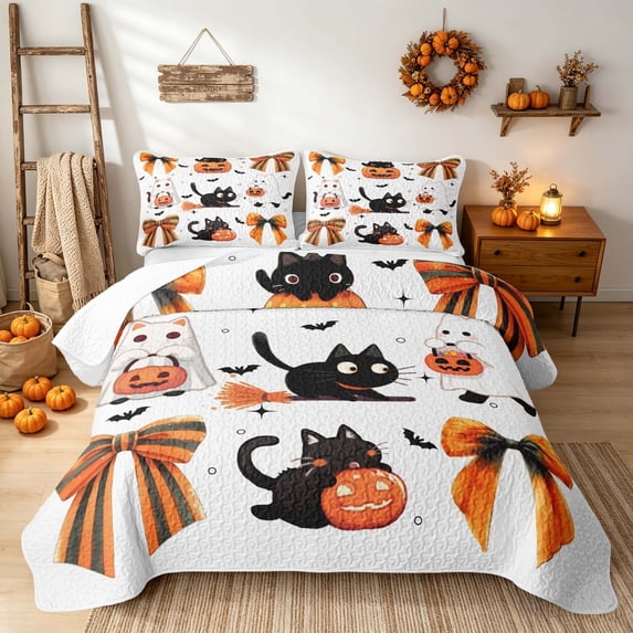 Erosebridal Cute Black Cat Quilt King, Happy Halloween Ghost Pumpkin King Coverlet Set for Boys Girls, Orange Black White, 3-Piece 1 Bedspread and 2 Pillowcases