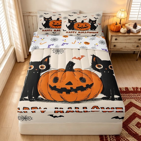 Erosebridal Cute Black Cats Zipper Twin Comforter Sets with Fitted Sheet and 2 Pillowcases, Halloween Pumpkin Bat Zipper Bedding Set for Boys Girls, Orange Cream Black, Halloween Reversible