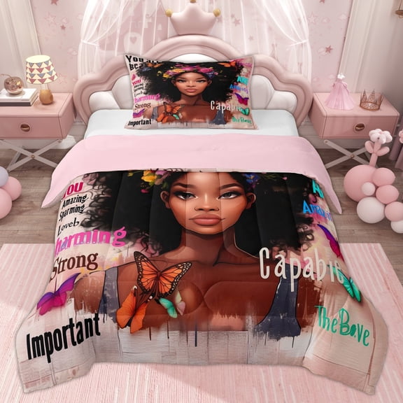 Erosebridal Cute Black Girl Twin Comforter Sets, Cartoon Butterfly Animal Bedding Set, 2-Piece
