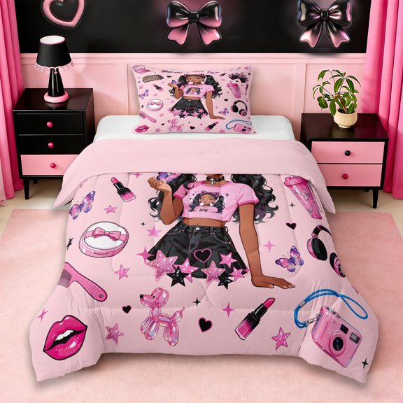 Erosebridal Cute Black Girls Twin Comforter Sets,Kids Lipstick Cosmetics Pink Sequin Print Stars Bedding Set,Reversible Pink 2 Pieces