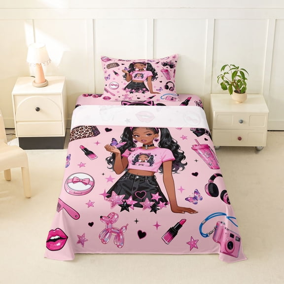 Erosebridal Cute Black Girls Twin Sheet Sets,Kids Lipstick Cosmetics Pink Sequin Print Stars Bedding 3 Pieces