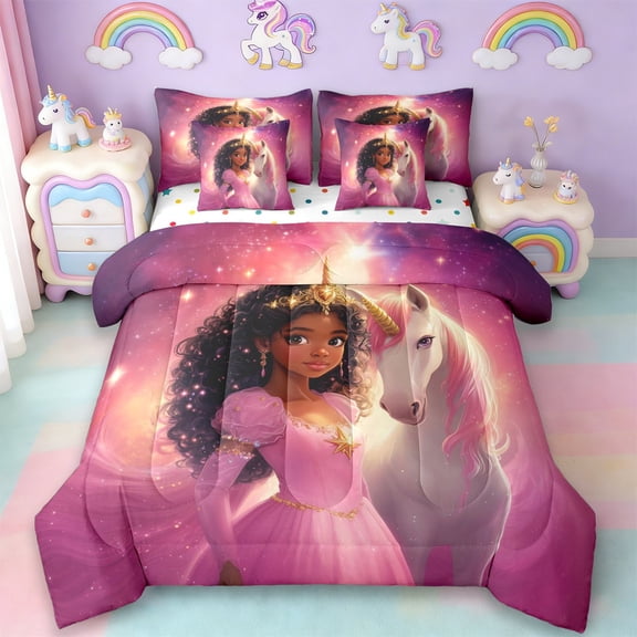 Erosebridal Cute Black Princess 7 Pieces Bedding Comforter Set,Cartoon Animal Unicorn Full Bedding Set For Kids Girls,Reversible