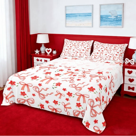 Erosebridal Cute Blossom Flowers Full Size Sheets,Red Ribbon Bowknot Bed Sheets For Kids Girls 4 Pieces