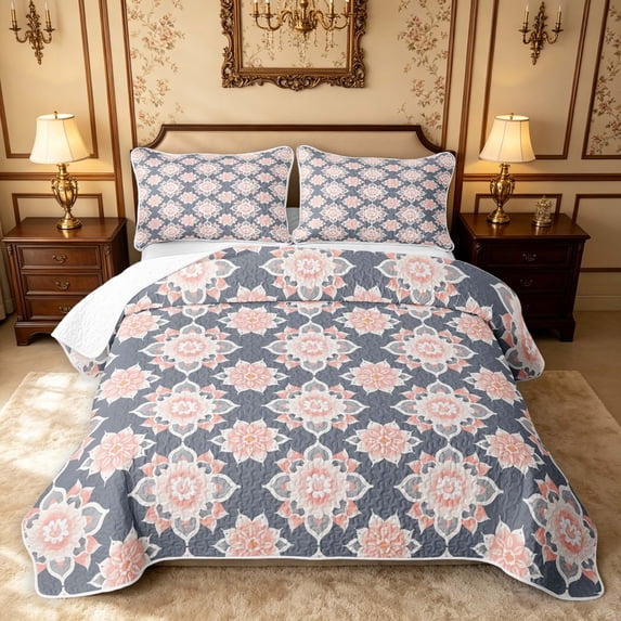 Erosebridal Cute Blossom Quilt King, Kawaii Flower King Coverlet Set, Pink Reversible, Slate Peach, 3-Piece (1 Bedspread and 2 Pillowcases)