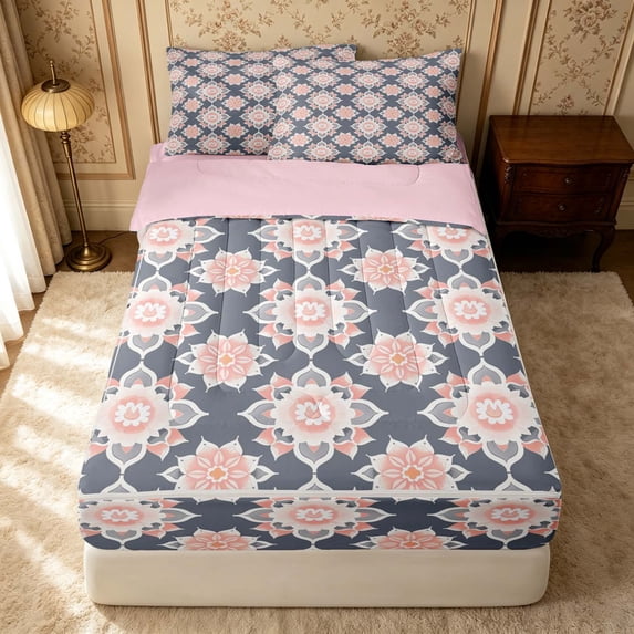 Erosebridal Cute Blossom Zipper Twin Comforter Sets with Fitted Sheet and 2 Pillowcases, Kawaii Flower Zipper Bedding Set, Pink Reversible, Slate Peach, Pink Reversible