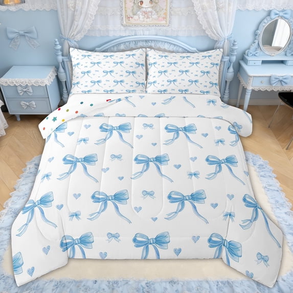 Erosebridal Cute Blue Bow Full Size Comforter Sets for Girls, Polkadot Ribbon Bedding Sets for Kids, Polkadot Reversible, 3 Pieces