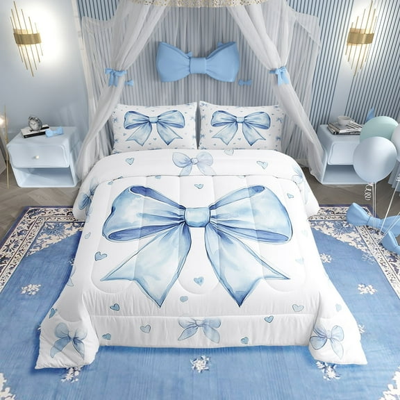 Erosebridal Cute Blue Bowknot Bedding Set Twin Teen Women,Kawaii Dreamy Bow Comforter Set Princess Style Blue White Heart Decor Bedding Comforter Sets Soft Breathable Quilt Duvet