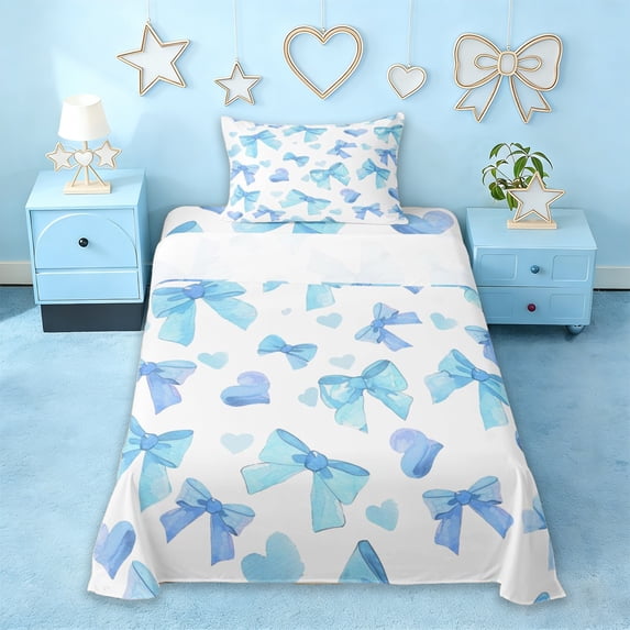 Erosebridal Cute Blue Bowtie Kids Twin Sheet Sets,Dreamy Princess Heart Print Bedding For Girls 3pcs