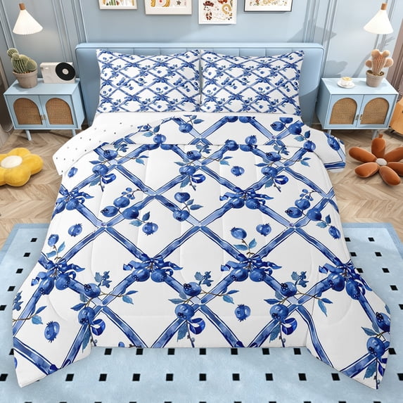 Erosebridal Cute Blueberry Full Size Comforter Sets for Kids, Geometric Plaid Bedding Sets, Reversible, 3pcs