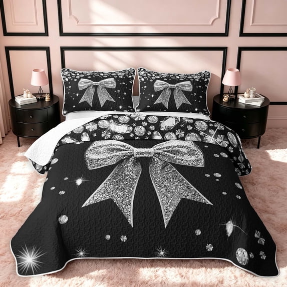 Erosebridal Cute Bow Bed Spread Queen, Girls Sparklings Print Queen Coverlet Set, Black Reversible, Silver Black, 3 Pieces (1 Quilt and 2 Pillowcases)
