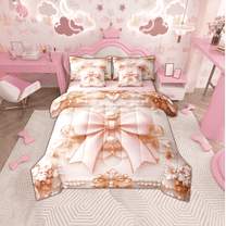Erosebridal Cute Bow Bedding Sets Twin Size, Royal Pearl Victorian Damask Comforter Sets with Sheets, Princess Style Home Decor, Reversible 7-Piece
