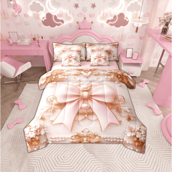 Erosebridal Cute Bow Bedding Sets Twin Size, Royal Pearl Victorian Damask Comforter Sets with Sheets, Princess Style Home Decor, Reversible 7-Piece
