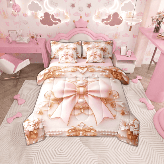 Erosebridal Cute Bow Bedding Sets Twin Size, Royal Pearl Victorian Damask Comforter Sets with Sheets, Princess Style Home Decor, Reversible 7-Piece
