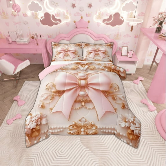 Erosebridal Cute Bow Comforter Sets, Royal Pearl Victorian Damask Comforters & Duvets, Princess Style Home Decor, Reversible 2-Piece