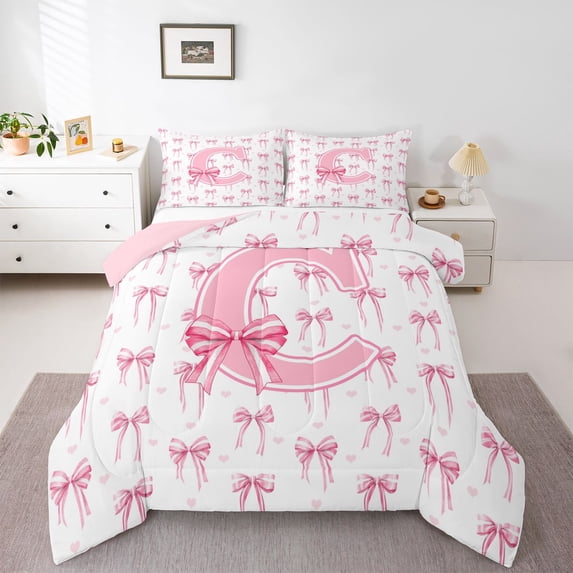 Erosebridal Cute Bow Initial C Girl Queen Comforter Set 3pcs,Pink Bow Tie Letter Monogrammed Bedding Comforter Set For Teens,Pink Reversible