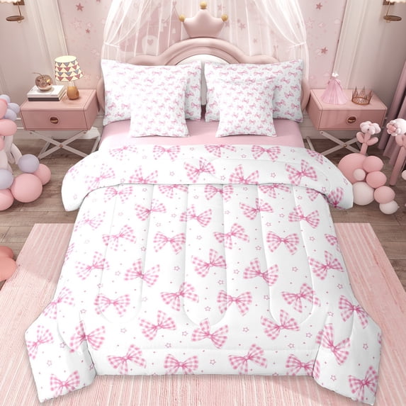 Erosebridal Cute Bow Knot 7 Pieces Bedding Comforter Set For Girl Kids,Ribbon Bowtie Pink Bows Stars Full Bedding Set,Reversible