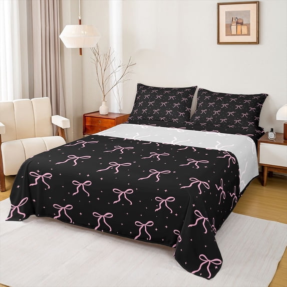 Erosebridal Cute Bow Knot Bed Sheets For Girl Kids,Ribbon Bowtie Pink Bows King Sheets 4pcs