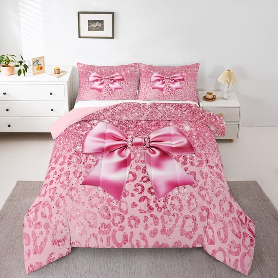 Erosebridal Cute Bow Knot Queen Comforter Set 3pcs For Kids Teens,Girls Bling Glitter Print Cheetah Print Bedding Comforter Set,Pink Reversible