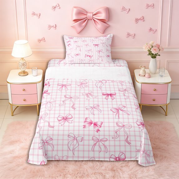 Erosebridal Cute Bow Knot Twin Sheet Sets 3pcs for Girls Women,Teens Geometric Plaid Bedding,Super Cozy Room Decor