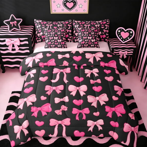 Erosebridal Cute Bow Loves 7pcs Bedding Comforter Set For Kids,Black Pink Dreamy Princess Style Queen Bedding Sets,Pink Reversible
