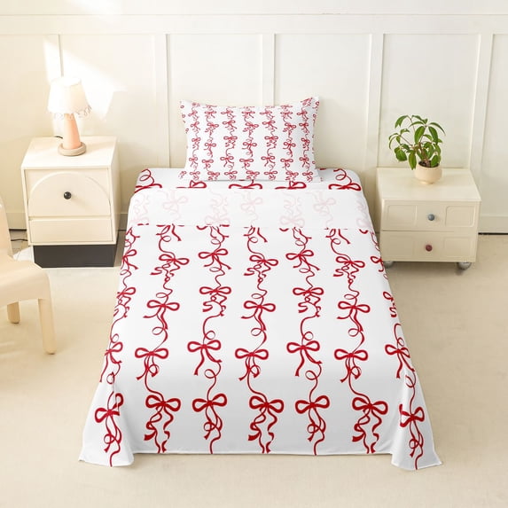 Erosebridal Cute Bow Ribbon Twin Sheet Sets, Girly Cartoon Bedding, White Red, 3-Piece