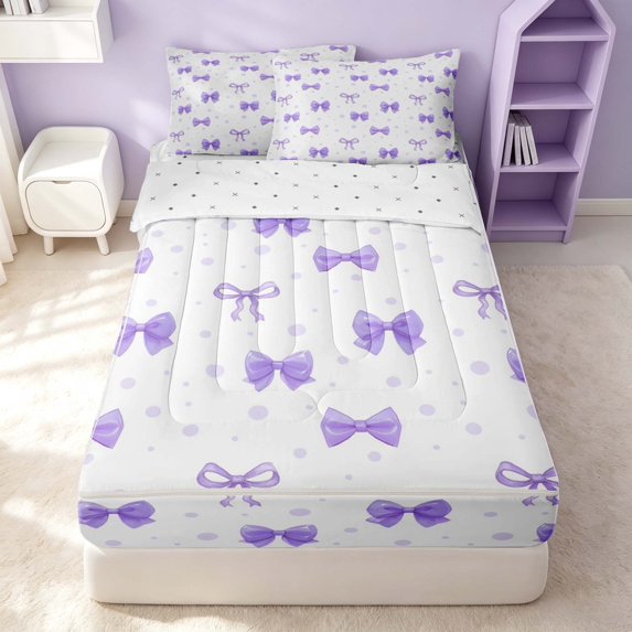 Erosebridal Cute Bow-Tie Zipper Queen Comforter Set with Fitted Sheet and 2 Pillowcases, Cute Bowtie Zipper Bedding Set, Reversible, Lavender Purple, Reversible