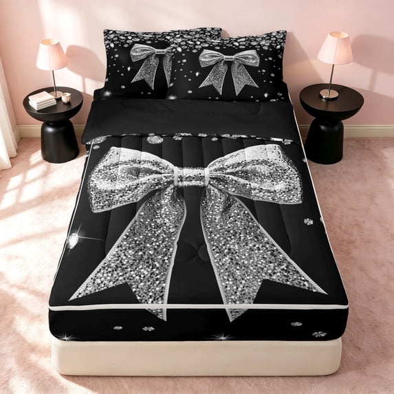 Erosebridal Cute Bow Zipper Twin Comforter Sets with Fitted Sheet and 2 Pillowcases, Girls Sparklings Print Zipper Bedding Set, Black Reversible, Silver Black, Black Reversible