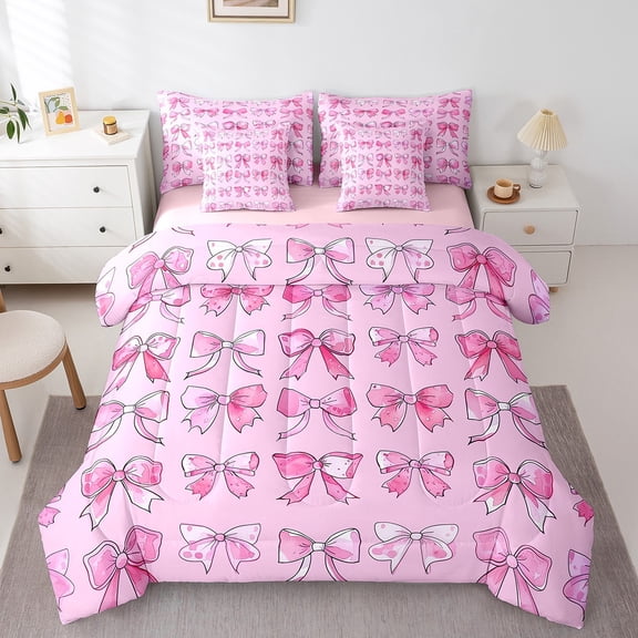 Erosebridal Cute Bow-tie Bed in a Bag Twin size, Chic Ribbon Bedding Twin Size, Pink Cartoon Bow Reversible Bed Set, Ultra Soft Bedroom Decorative, 7pcs