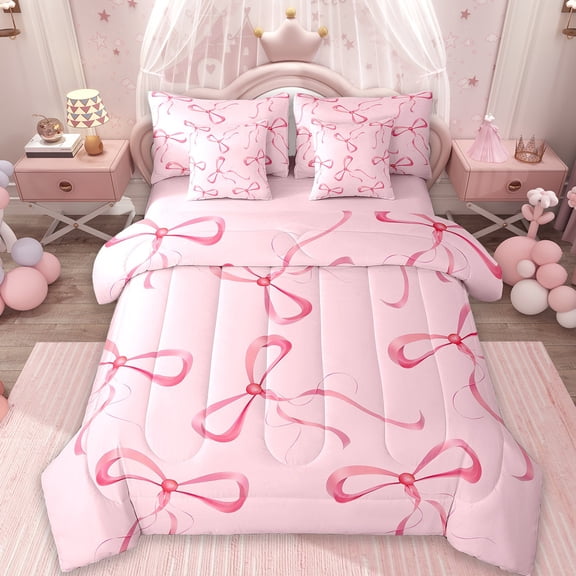 Erosebridal Cute Bowknot Bed in a Bag Twin Size,Ribbon Bow Bowtie Bed Set,Pink Minimalist Art Bedding Twin Size,Super Cozy Room Decorative Reversible,7 Pieces