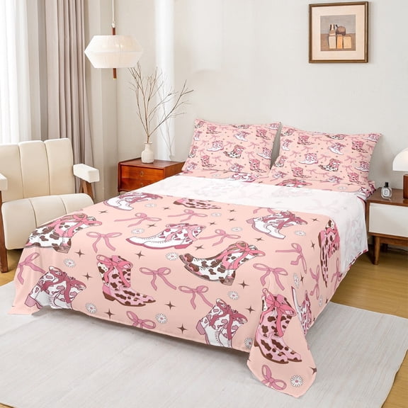 Erosebridal Cute Bowknot Bed Sheets Twin,Farmhouse Cowgirl Boots Bedding Twin Size,Chic Botanical Flower Daisy Sheet Set Twin,Ultra Soft Bedroom Decorative，3pcs
