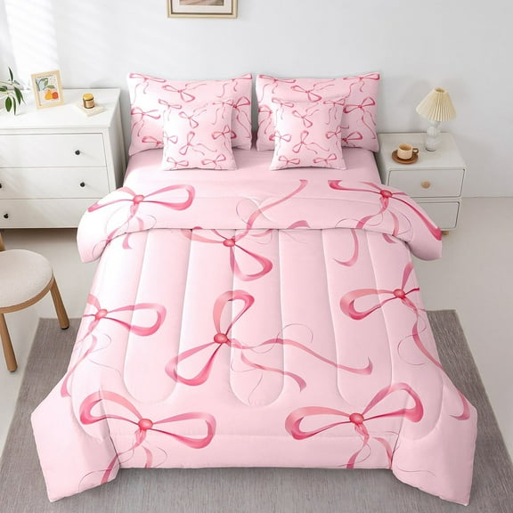Erosebridal Cute Bowknot Bedding Full Size,Ribbon Bow Bowtie Bed Set,Pink Minimalist Art Bedding Sets Full Size,Super Cozy Room Decorative Reversible,7pcs