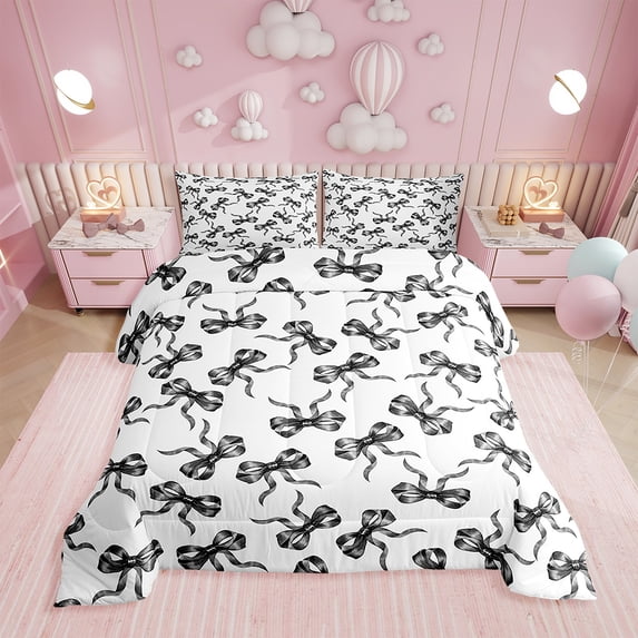 Erosebridal Cute Bowknot Bedding Queen Comforter Set,Black and White Down Comforter,Bedroom Decor,Reversible