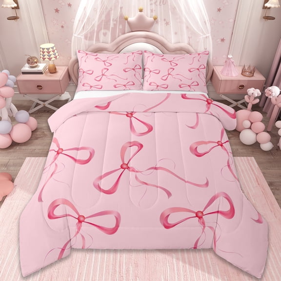 Erosebridal Cute Bowknot Bedding Sets Twin with Comforter,Ribbon Bow Bowtie Duvet Insert,Pink Minimalist Art Comforter Sets Twin Size,Super Cozy Room Decorative Reversible,2pcs