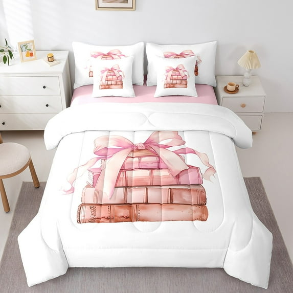 Erosebridal Cute Bowknot Bedding Sets Twin Size,Kawaii Books Comforter Sets with Sheets,Princess Room Decorative,Reversible,Breathable,7-Piece