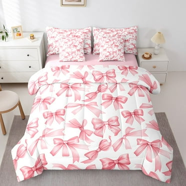 Erosebridal Cute Bowknot Bedding Sets Twin Size,Pink White Comforter Sets with Sheets,Room Decorative,Reversible,Breathable,7-Piece